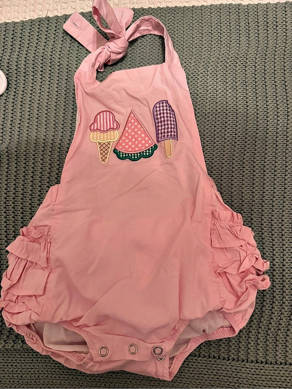 Stitchy Fish Peace, Love, and Popsicles Ruffle Applique Sunsuit 12M